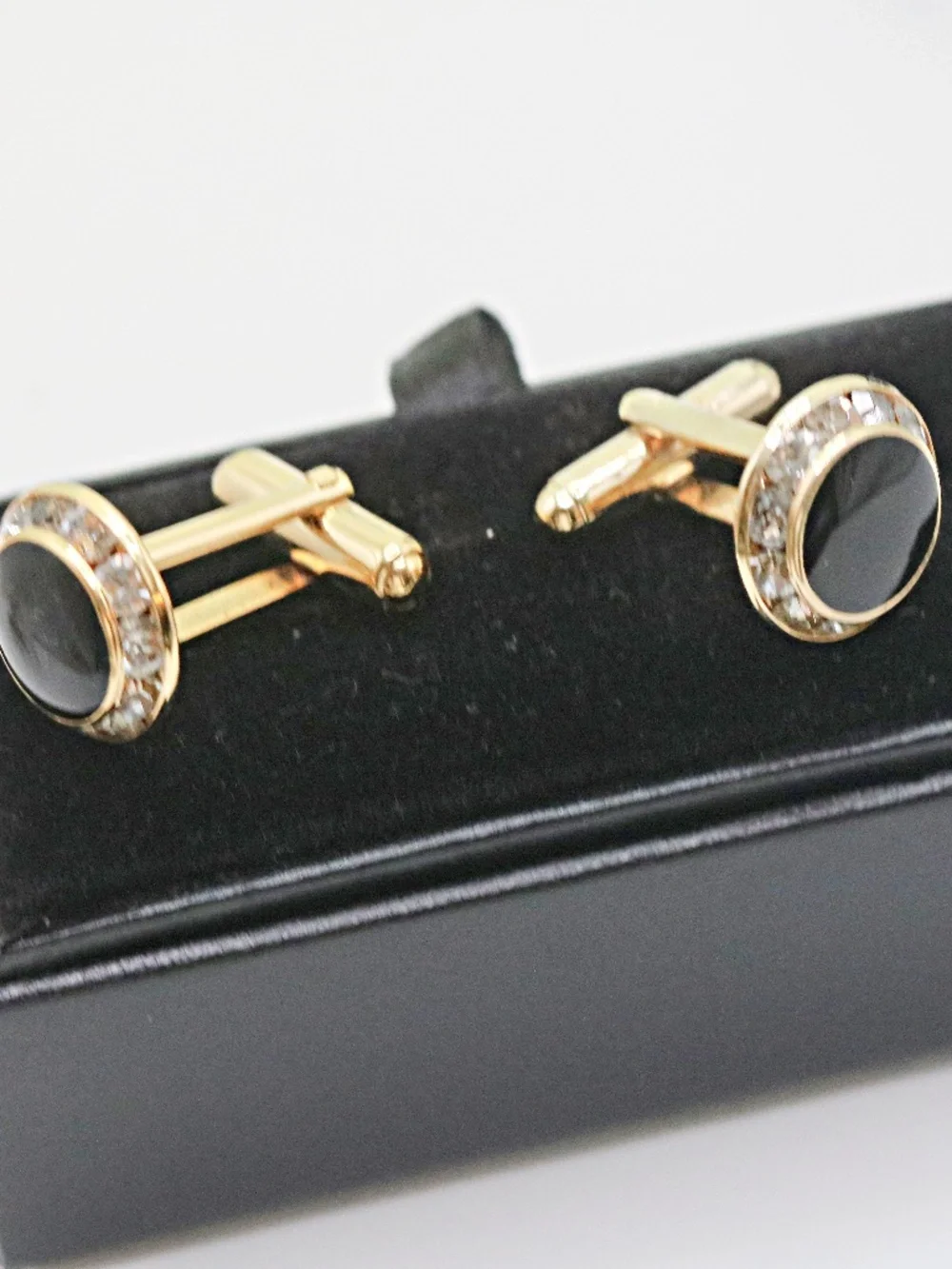 Black Enamel & CZ Crystal Cufflinks Set